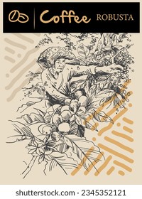 coffee picker of ink drawing sketch for label, packaging, sticker, poster, card, art print, background, banner, advertising, vintage. Arabica Robusta coffee tree.