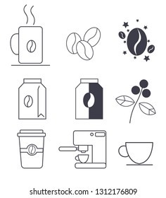 Coffee pictograms with white color background. Isolated coffee symbols. Picture for a restaurants menu, a logo concepts and other. Black and white icons of  the coffee drinks.