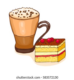 Coffee and piece of cake. Vector illustration, doodle style