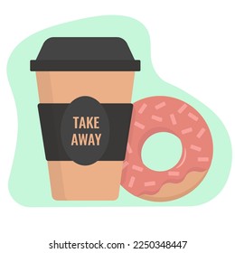 Coffee and pink donut flat vector illustration with green background