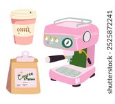Coffee pink vector stickers. Retro cartoon posters for the kitchen and coffee shop. Vintage pink coffee machine and paper cup with latte, beans in kraft paper and a coffee grinder