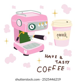 Coffee pink vector stickers. Retro cartoon posters for the kitchen and coffee shop. Have a tasty coffee inscription. Vintage pink coffee machine and paper cup with latte