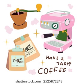 Coffee pink vector stickers. Retro cartoon posters for the kitchen and coffee shop. Vintage pink coffee machine and paper cup with latte, beans in kraft paper and a coffee grinder