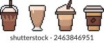 coffee pixel art icon set, latte, cappuccino, coffee cup, macchiato, foam, 80s, 90s old arcade games style, items for video game, app, social media and more, vector illustration