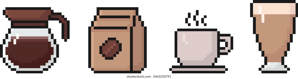 coffee pixel art icon set, coffee pot, beans, mug, latte, cappuccino, 80s, 90s old arcade games style, items for video game, app, social media and more, vector illustration