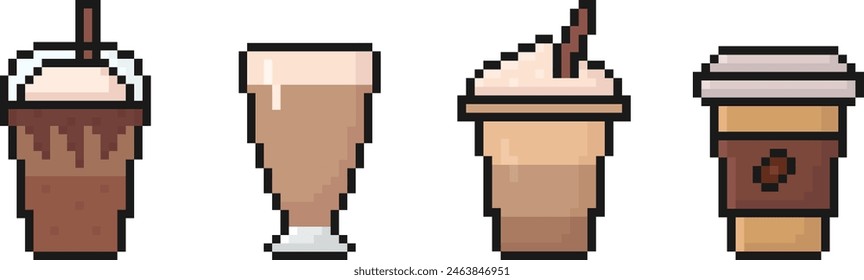 coffee pixel art icon set, latte, cappuccino, coffee cup, macchiato, foam, 80s, 90s old arcade games style, items for video game, app, social media and more, vector illustration