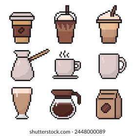 coffee pixel art set of icons, vintage, 8 bit, 80s, 90s game style, computer arcade game items, coffee cup, latte, frappe, cappuccino, cezve, coffee pot, package, cup, mug, vector illustration