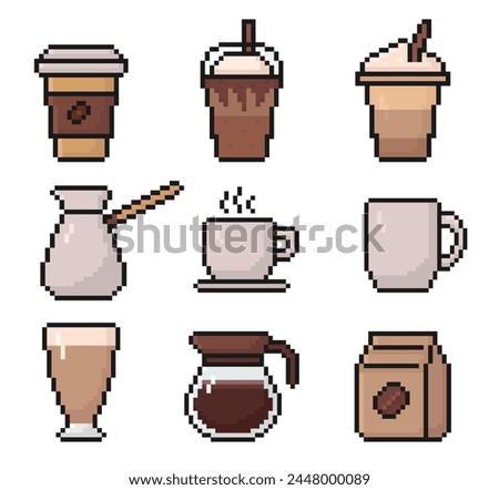 coffee pixel art set of icons, vintage, 8 bit, 80s, 90s game style, computer arcade game items, coffee cup, latte, frappe, cappuccino, cezve, coffee pot, package, cup, mug, vector illustration