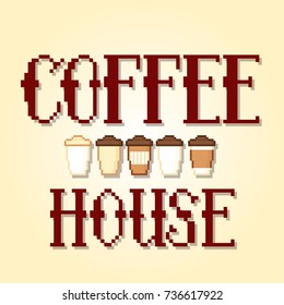 Coffee pixel banner. Pixelart. Old school computer graphic style.