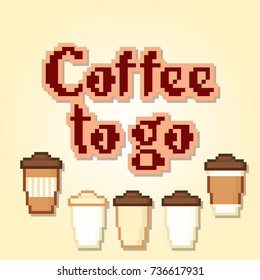 Coffee pixel banner. Pixelart. Old school computer graphic style.