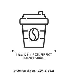 Coffee pixel perfect linear icon. Caffeinated drink. Take away. Paper cup. Hot beverage. Cafe menu. Morning ritual. Thin line illustration. Contour symbol. Vector outline drawing. Editable stroke