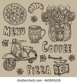 coffee. pizza. scooter. menu