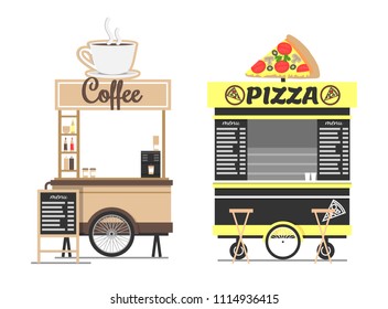 Coffee and pizza shops mockups isolated white background, vector illustration of snack van with printed menu hot drinks wagon on one wheel cart set