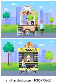 Coffee pizza stalls set of posters on cityscape buildings skyscrapers, buyers and sellers street food vector illustration mobile shops outdoors