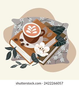 Coffee placed on books with floral pillow and flowers and plants. Flat design decorative illustration.