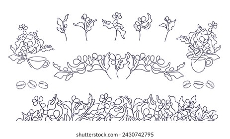 Coffee plant abstract. Line branch, simple bean isolated on white background. Vector collection for cafe design. Aroma plantation