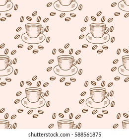 Coffee plant branch with leaf, berry, bean, cup. Food and drink organic boutique. Green coffee, luwak. Hand drawn sketch seamless pattern.