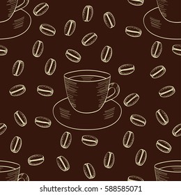 Coffee plant branch with leaf, berry, bean, cup. Food and drink organic boutique. Green coffee, luwak. Hand drawn sketch seamless pattern.