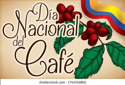 
Coffee plant drawing over sack texture and Colombian flag like a ribbon promoting National Coffee Day celebration (written in Spanish).