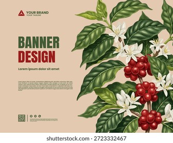 Ilustración de fondo de planta de café y fruta de café Diseño de Plantilla de Anuncio