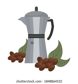 coffee plant grains and leafs with kettle vector illustration design