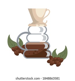 coffee plant grains and leafs with maker utensil vector illustration design