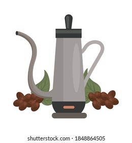coffee plant grains and leafs with maker utensil vector illustration design