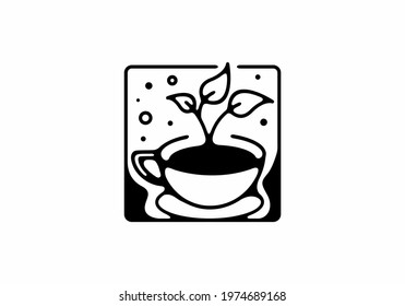 Coffee and plant line art illustration in square shape design