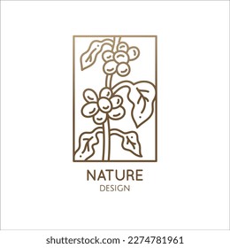 Coffee plant linear logo. Vector emblem coffee tree. Icon of coffee tree branch with grains. Abstract badge for design of natural products, coffee shop, for cafe, bar, shop, botany