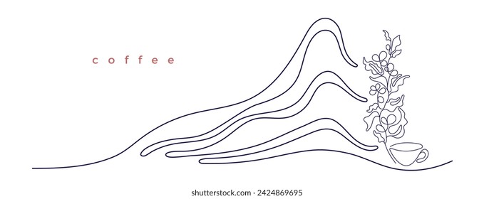 Coffee plant and mountain line sketch. Graphic beans, cup. Organic aroma drink. Vector background in minimal style