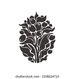 Coffee plant, raw bean. Vector stamp. Graphic nature design for cafe. Tropical black illustration isolated on white background. Organic aroma drink

