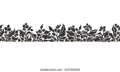 Coffee plant seamless border. Vector branch, leaves, grain. Graphic black ornament on white background. Nature print, abstract decor