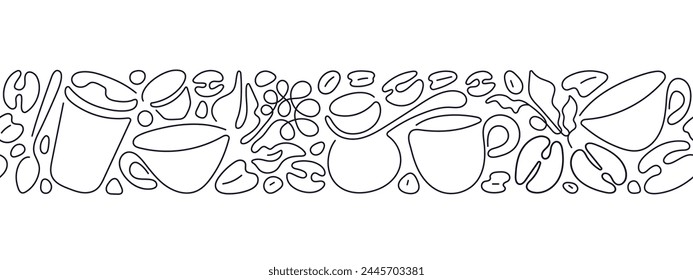 Coffee plantation, branch, line of cups and aroma beans. Endless abstract border. Vector illustration for cafe shop design, menu print. Modern minimal sketch on white background