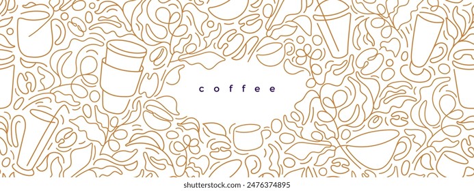 Coffee plantation, branch, line of cups and aroma beans. Abstract template. Vector illustration for cafe shop design, menu print, food package. Modern banner in minimalistic style on white background