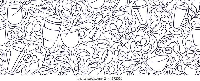 Coffee plantation, cups. Line endless abstract pattern. Vector illustration for cafe shop design, textile print. Modern single linear background