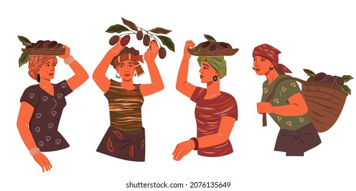 Coffee plantation farmers beautiful women carrying baskets of coffee beans, hand drawn flat vector illustration isolated on white background. Coffeehouse or coffee packaging design element.