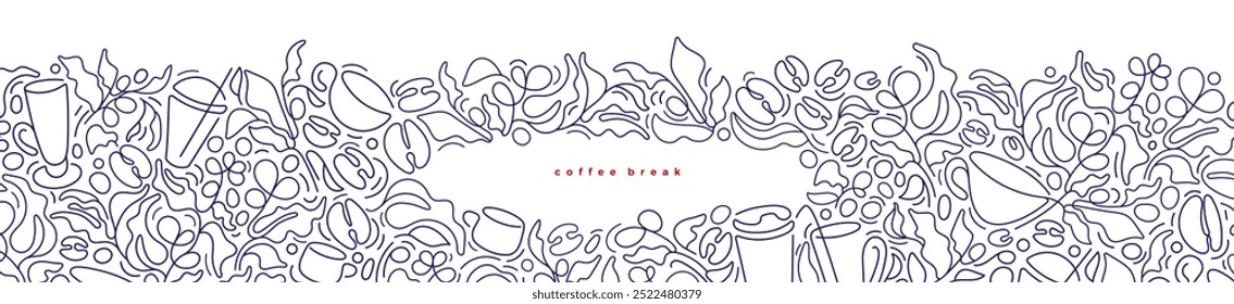 Plantação de café. Modelo de linha de esboço. Ramo da fazenda, feijão cru, silhueta abstrata de copos, vidro. Ilustração vetorial para design de loja de café, impressão têxtil. Desenho de rabiscar de natureza