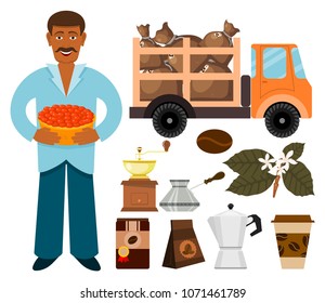 Coffee plantation vector beans production and transportation cafe coffee-bean espresso illustration.