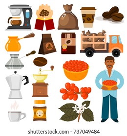 Coffee plantation vector beans, tree and transportation cafe coffee-bean illustration.