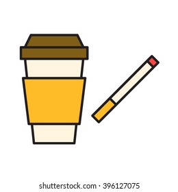 Coffee plastic cup with cigarette icon flat vector design on white background. Logo element for cafe theme. 