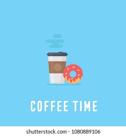 Coffee in plastic cup and donut, breakfast food, coffee time