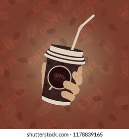 Coffee in a plastic Cup with a tube on a white background. The hand holds a plastic cup with a lid. The hand holds a plastic cup with a lid and a tube.