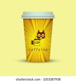 coffee in plastic cup with words caffeine. owl coffee cup to go