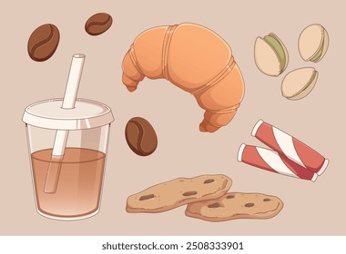 Coffee in plastic takeaway cup with straw and desserts. Cartoon hot caffeine drink to go, fresh baked croissant and cookies with chocolate chis, coffee beans and sachet with sugar, pistachio nuts.