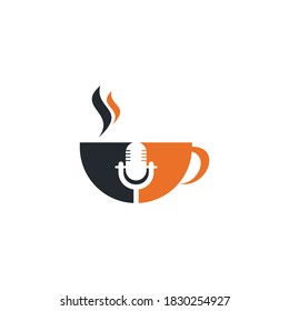 Coffee podcast logo design template, microphone classic and coffee cup vector