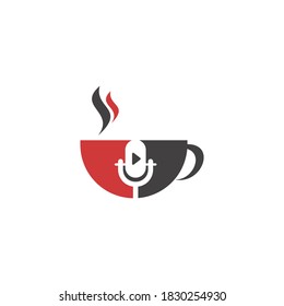 Plantilla de diseño del logotipo de podcast de café, clásico del micrófono y vector de taza de café