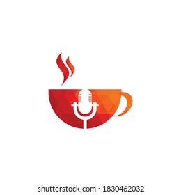 Coffee podcast logo design template, microphone classic and coffee cup vector
