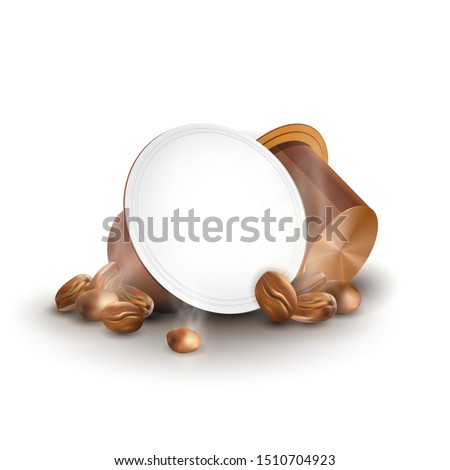 Coffee pods for Espresso Machine. Coffee in capsules with coffee beans isolated on white background. 