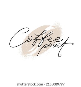 Palabras escritas a mano con un punto de café con grano de café en el fondo. El concepto gráfico del café que deja caer.
