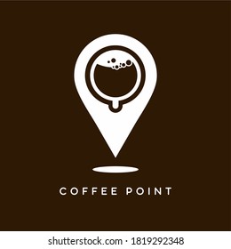 Logo del punto de café, representa el café en una taza con icono del mapa de ubicación